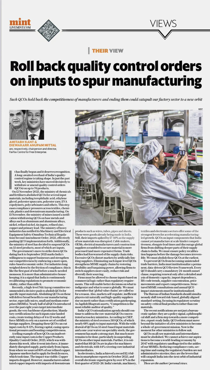 Roll back quality control orders on inputs to spur manufacturing